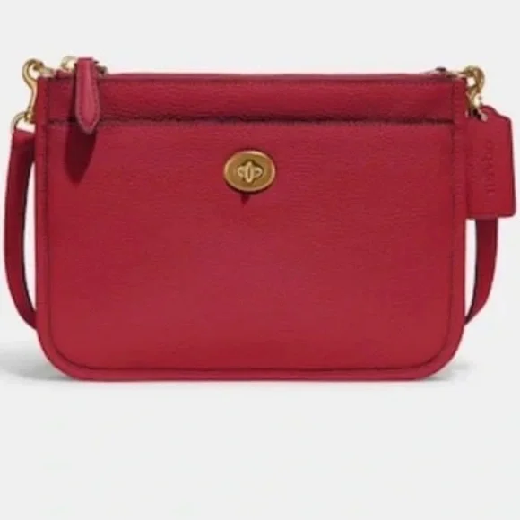 Coach Slim Turn-lock Crossbody brick red pebbled leather with red fabric inside - Picture 1 of 7